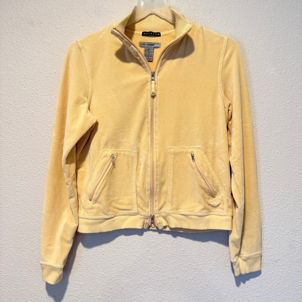 Oleg Cassini Sport Womens Yellow Velour Track Jacket Ribbed Zip Up Small Y2K